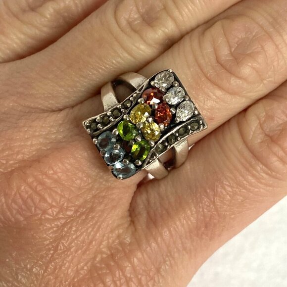 Sterling Silver 925 Multi Color Oval Cubic Zirconia CZ Ring Sz 7.75 - Picture 3 of 16